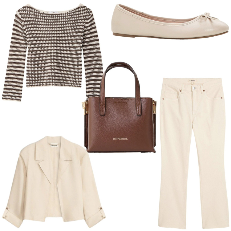 Outfit donna - Look comodo e versatile. Stile Casual chic per Tutti i giorni. Abbinamento con jeans bootcut, ballerine, blazer, maglieria, borse a tracolla.