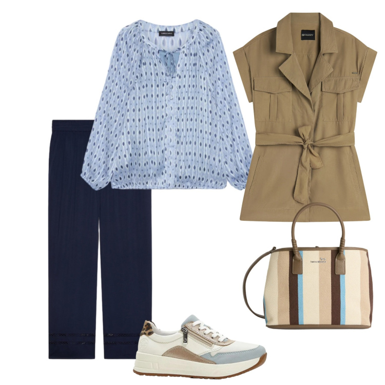 Outfit donna - Qualche goccia di pioggia. Stile Casual chic per Tutti i giorni. Abbinamento con sneakers, shopping bag, trench, bluse, pantaloni.