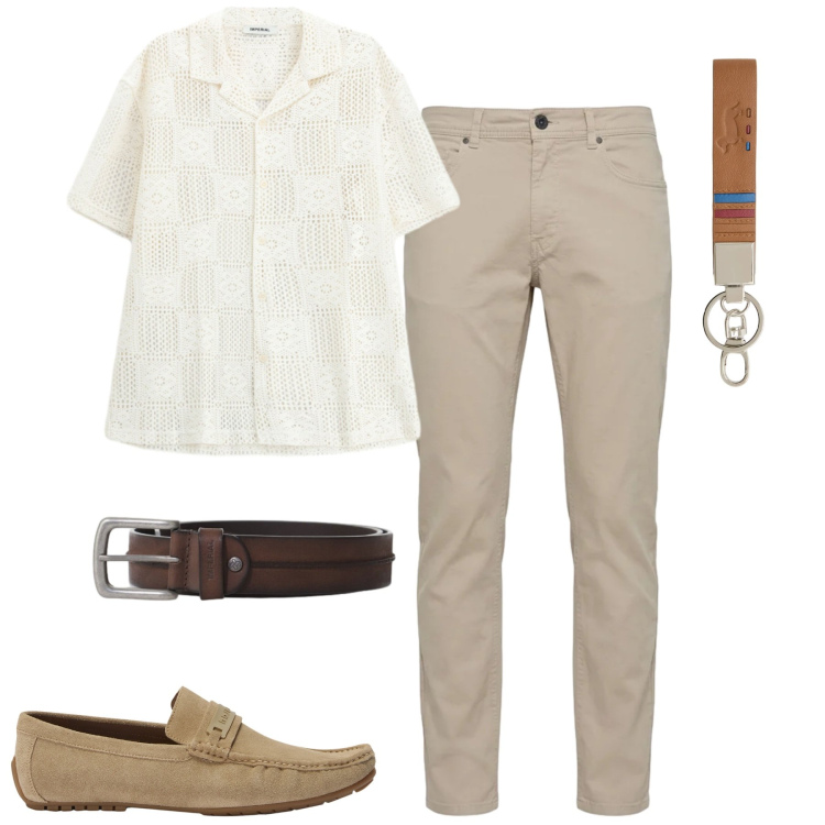 Outfit uomo - Maggio. Stile Urban per Tutti i giorni. Abbinamento con cinture, camicie a manica corta, portachiavi, pantaloni, scarpe stringate.
