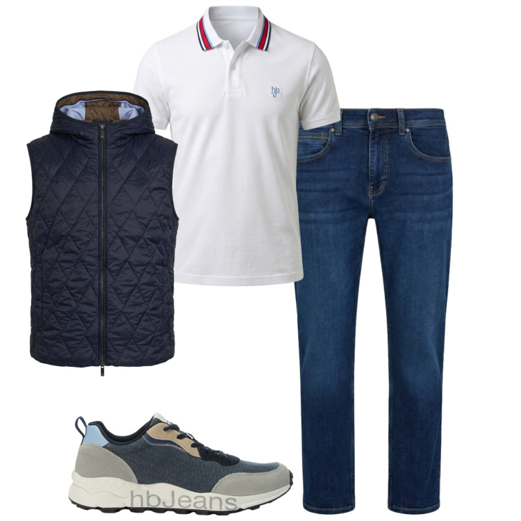 Outfit uomo - Maggio. Stile Casual per Tutti i giorni. Abbinamento con jeans dritti, piumini, polo, sneakers.