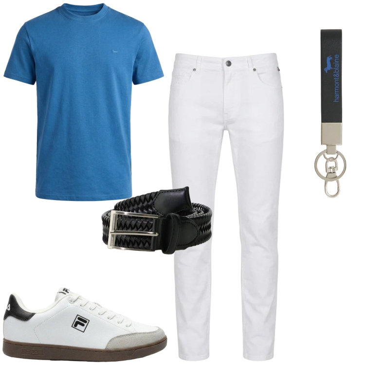 Outfit uomo - City. Stile Casual per Tutti i giorni. Abbinamento con sneakers, cinture, portachiavi, t-shirt, pantaloni.