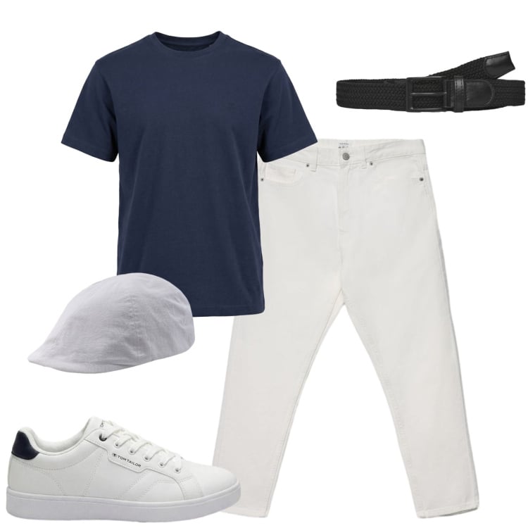 Outfit uomo - Maggio. Stile Casual per Tutti i giorni. Abbinamento con sneakers, jeans, cinture, t-shirt, cappelli con visiera.