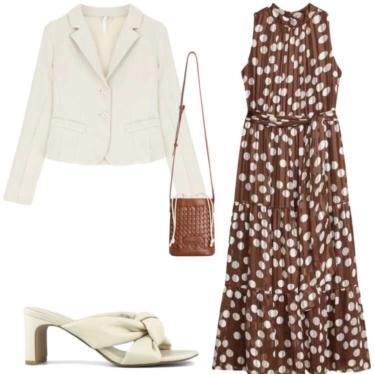 Outfit donna - Chic ufficio tempo libero. Stile Chic per Tutti i giorni. Abbinamento con vestiti, borse a secchiello, blazer, sandali col tacco.