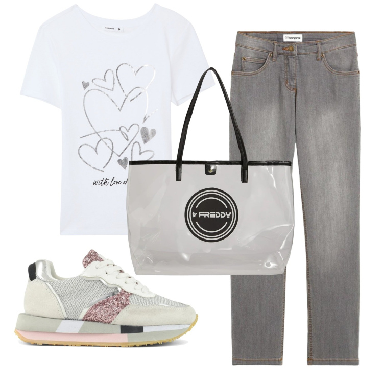 Outfit donna - Total look #2403347. Stile Casual per Tutti i giorni. Abbinamento con jeans dritti, t-shirt, shopping bag, sneakers.