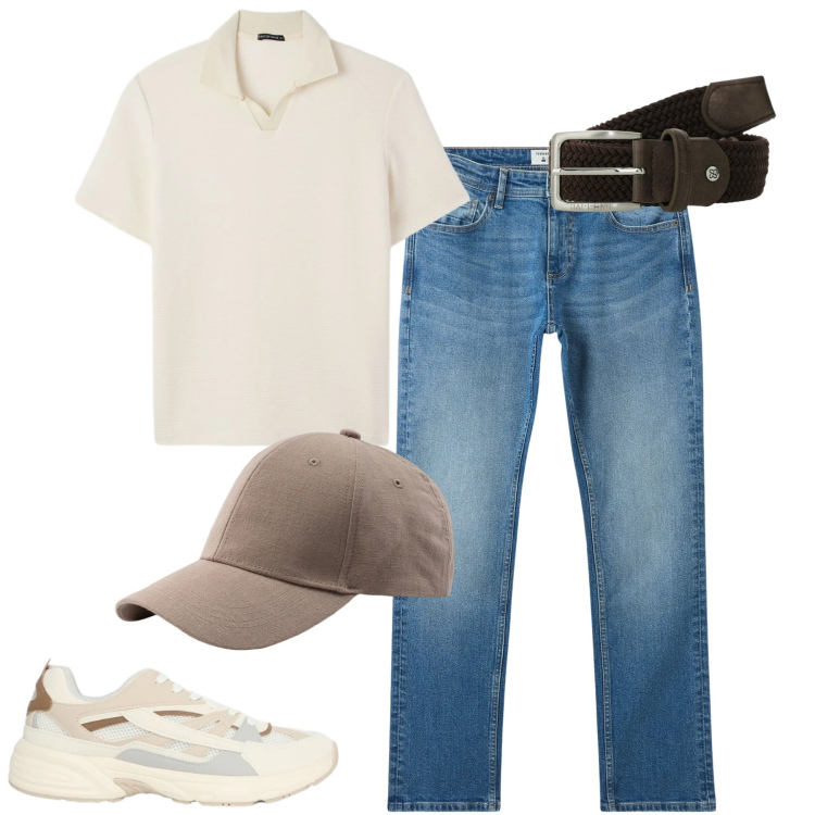 Outfit uomo - City. Stile Casual per Tutti i giorni. Abbinamento con jeans, sneakers, polo, cinture, cappelli con visiera.