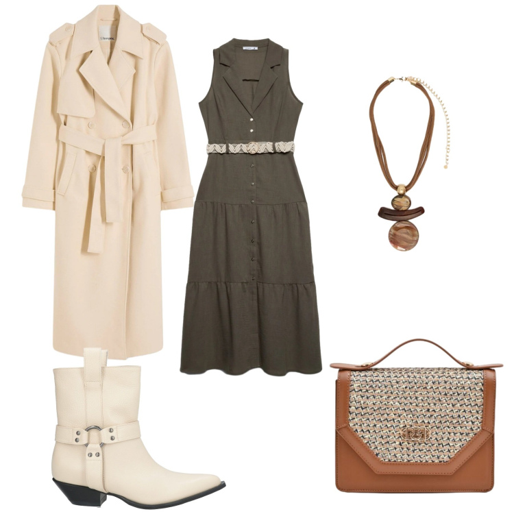 Outfit donna - Urban cowboy chic. Stile Casual chic per Tutti i giorni. Abbinamento con stivaletti texani, trench, vestiti chemisier, pochette, ciondoli.