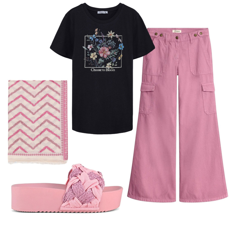 Outfit donna - Total look #2403355. Stile Basic per Tutti i giorni. Abbinamento con pantaloni cargo, t-shirt, foulard, ciabatte.