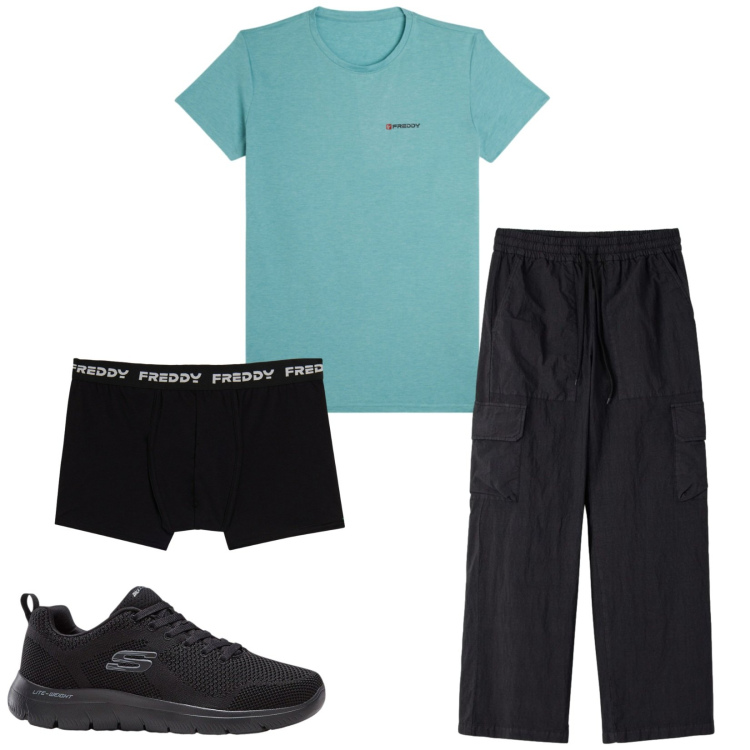 Outfit uomo - Total look #2403358. Stile Urban per Sport. Abbinamento con sneakers, pantaloni cargo, boxer, t-shirt.