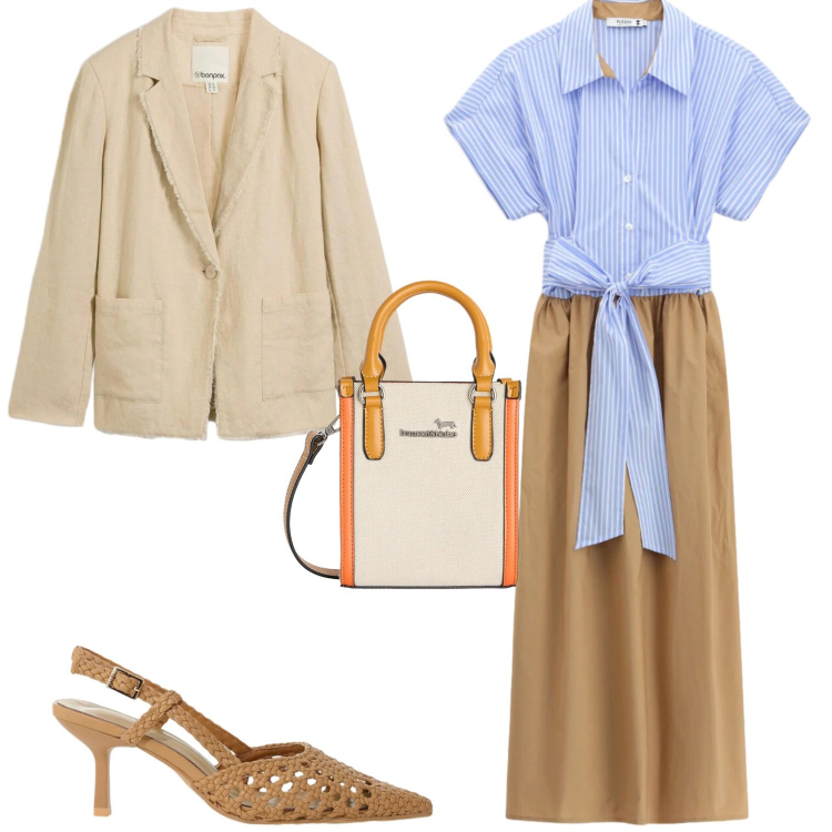 Outfit donna - Casual chic ufficio tempo libero. Stile Casual chic per Tutti i giorni. Abbinamento con blazer, décolleté, borse tote, vestiti midi/longuette.