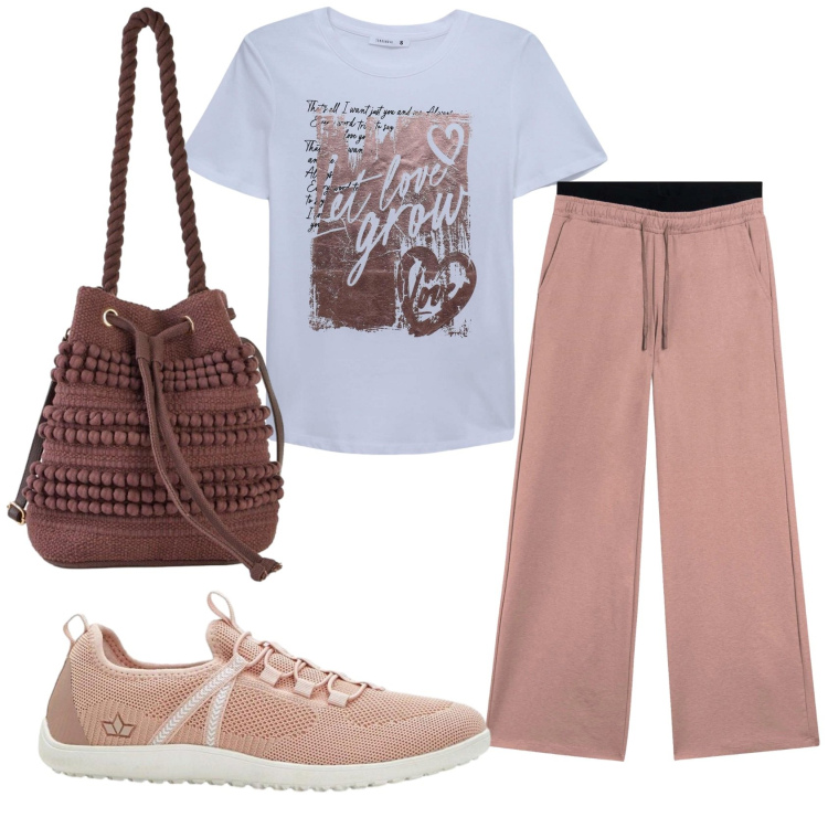 Outfit donna - Total look #2403361. Stile Basic per Tutti i giorni. Abbinamento con borse a secchiello, sneakers, t-shirt, pantaloni.