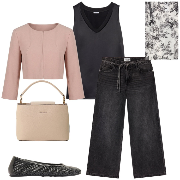 Outfit donna - Total look #2403362. Stile Casual chic per Tutti i giorni. Abbinamento con ballerine, jeans, borse a secchiello, bolero, top, foulard.