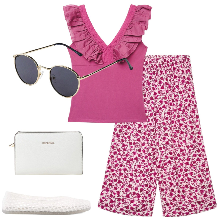Outfit donna - Total look #2403366. Stile Casual per Tutti i giorni. Abbinamento con occhiali da sole, pantaloni a palazzo, top, borse a tracolla, ballerine.