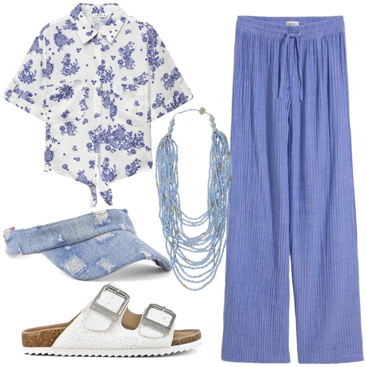 Outfit donna - Total look #2403367. Stile Romantica per Tutti i giorni. Abbinamento con pantaloni a palazzo, camicie a manica corta, collane, sandali, cappelli con visiera.