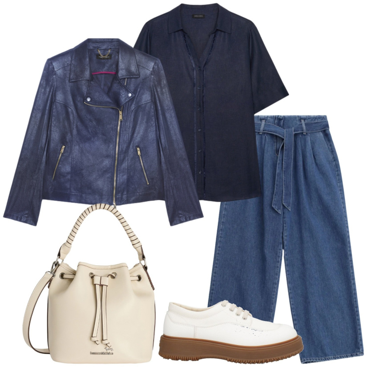 Outfit donna - Total look #2403368. Stile Casual chic per Tutti i giorni. Abbinamento con scarpe stringate, borse a secchiello, jeans, blazer, camicie a manica corta.