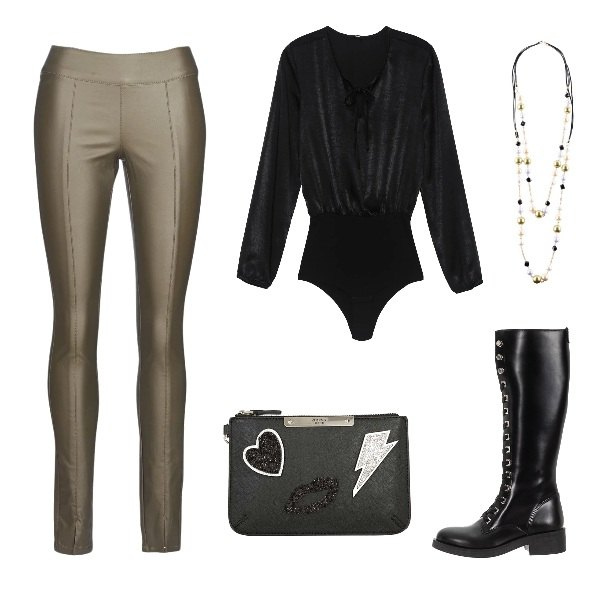 Outfit donna - Total look #240337. Abbinamento con collana contrasto, pantalone crema e verde, body a maniche lunghe in raso, stivali con zip nero, pochette.