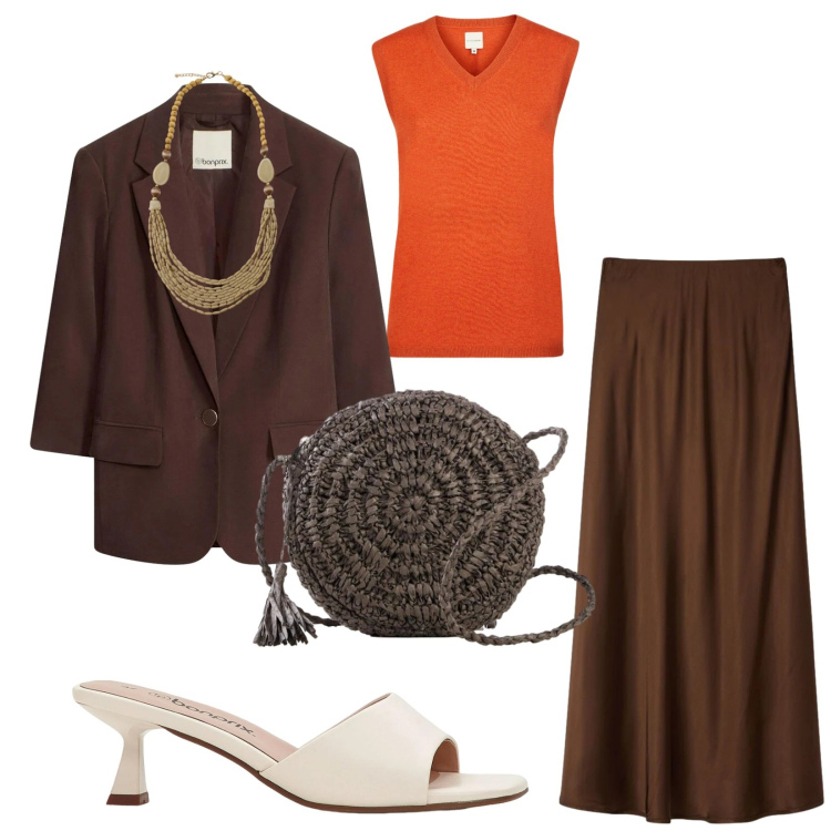 Outfit donna - Total look #2403370. Stile Etnico per Serata fuori. Abbinamento con blazer, ciabatte, borse a tracolla, gonne lunghe, collane, maglieria.