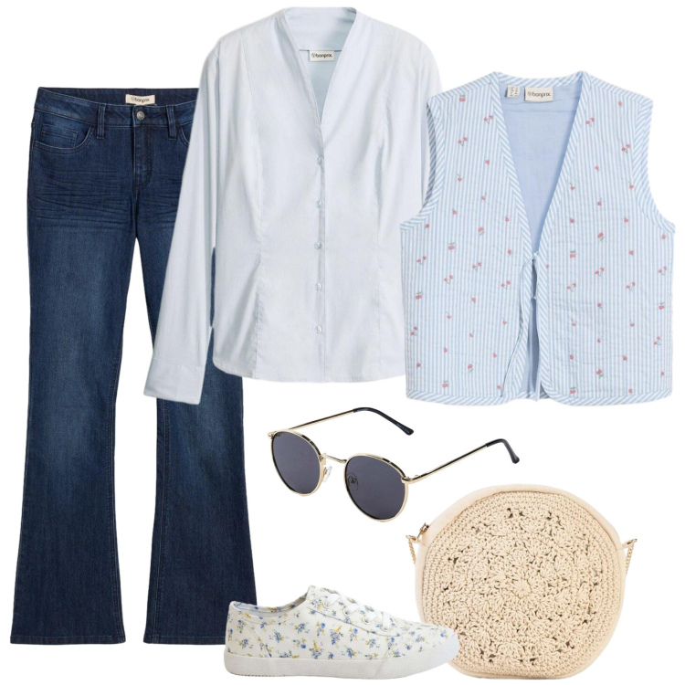 Outfit donna - Una giornata in campagna. Stile Casual per Tutti i giorni. Abbinamento con gilet, jeans a zampa, camicie, occhiali da sole, borse a tracolla, sneakers.