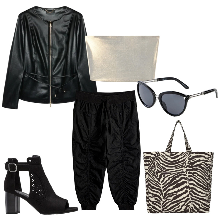 Outfit donna - Curvy in black. Stile Rock per Tutti i giorni. Abbinamento con pantaloni capri, sandali col tacco, occhiali da sole, top, shopping bag, blazer.