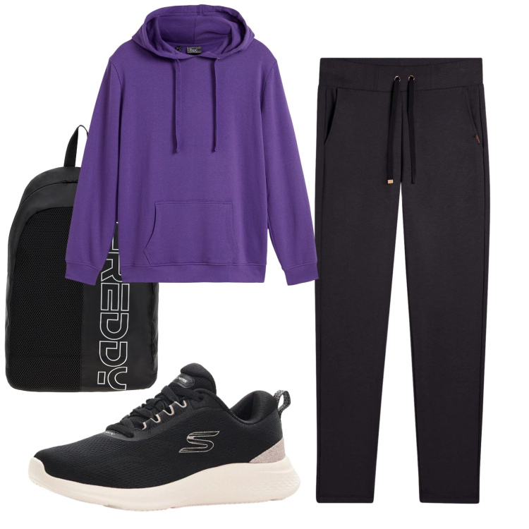 Outfit donna - Total look #2403374. Stile Casual per Sport. Abbinamento con felpe con cappuccio, sneakers, zaini, pantaloni.