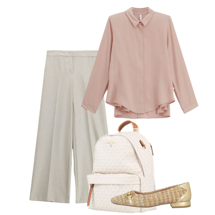 Outfit donna - Pastel spring. Stile Bon Ton per Tutti i giorni. Abbinamento con zaini, ballerine, camicie, pantaloni a palazzo.