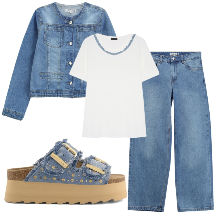 Outfit donna - Total look #2403379. Stile Casual per Tutti i giorni. Abbinamento con jeans, blazer, t-shirt, zeppe.