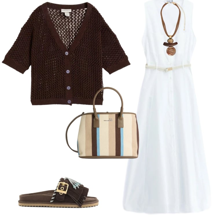 Outfit donna - Casual chic ogni giorno. Stile Casual chic per Tutti i giorni. Abbinamento con cardigans, shopping bag, vestiti lunghi, ciondoli, sandali in pelle.