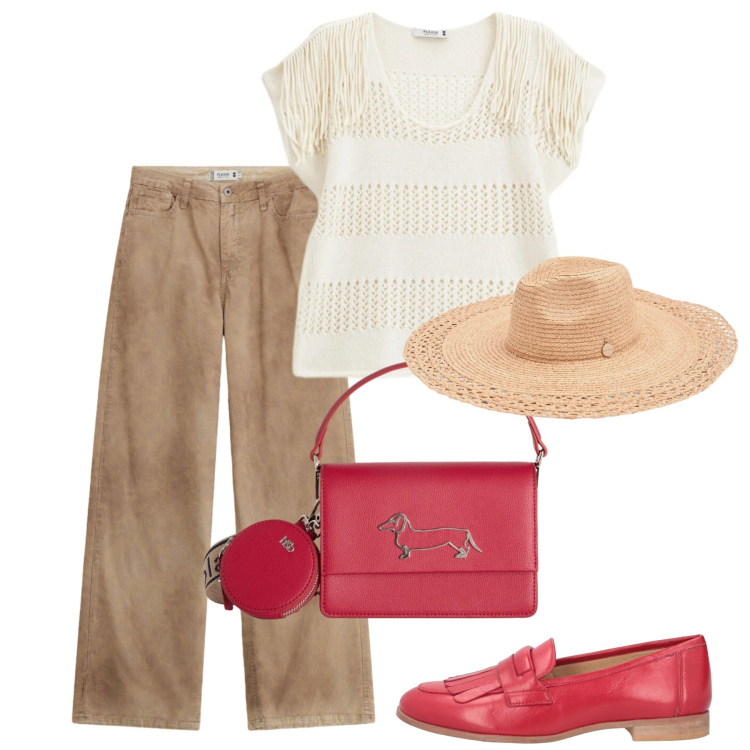Outfit donna - Maggio. Stile Bon Ton per Tutti i giorni. Abbinamento con mocassini, cappelli, borse a tracolla, pantaloni a palazzo, top.