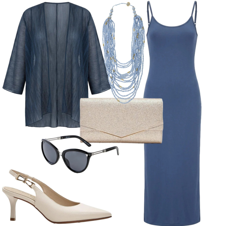 Outfit donna - Serata. Stile Chic per Serata fuori. Abbinamento con décolleté, occhiali da sole, vestiti lunghi, clutch, collane, blazer.