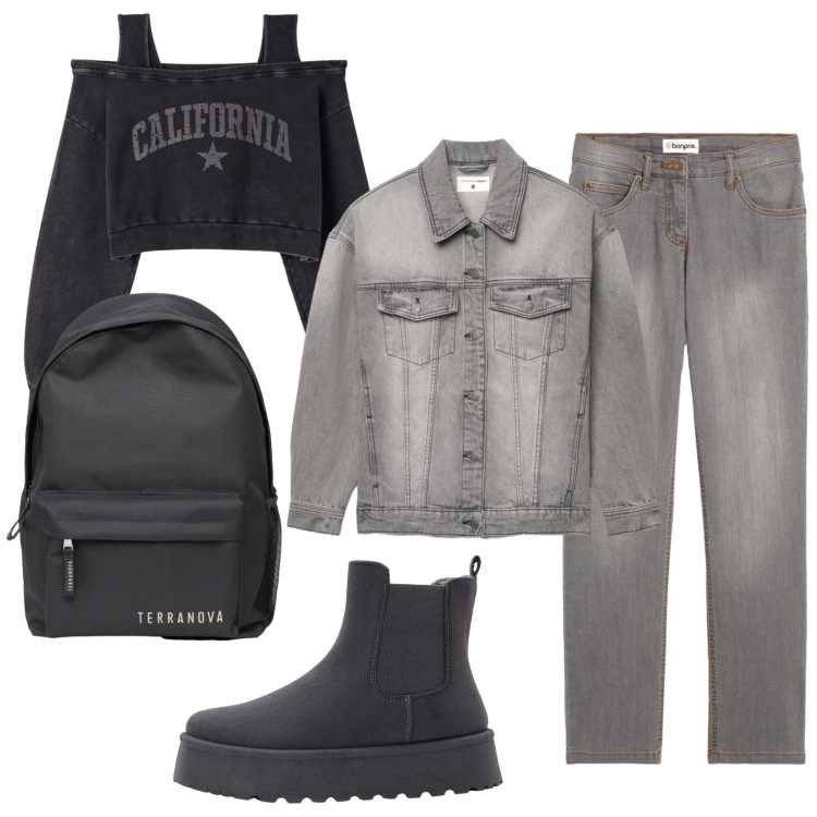 Outfit donna - Total look #2403385. Stile Casual per Tutti i giorni. Abbinamento con jeans dritti, stivaletti chelsea, zaini, cappotti, felpe.