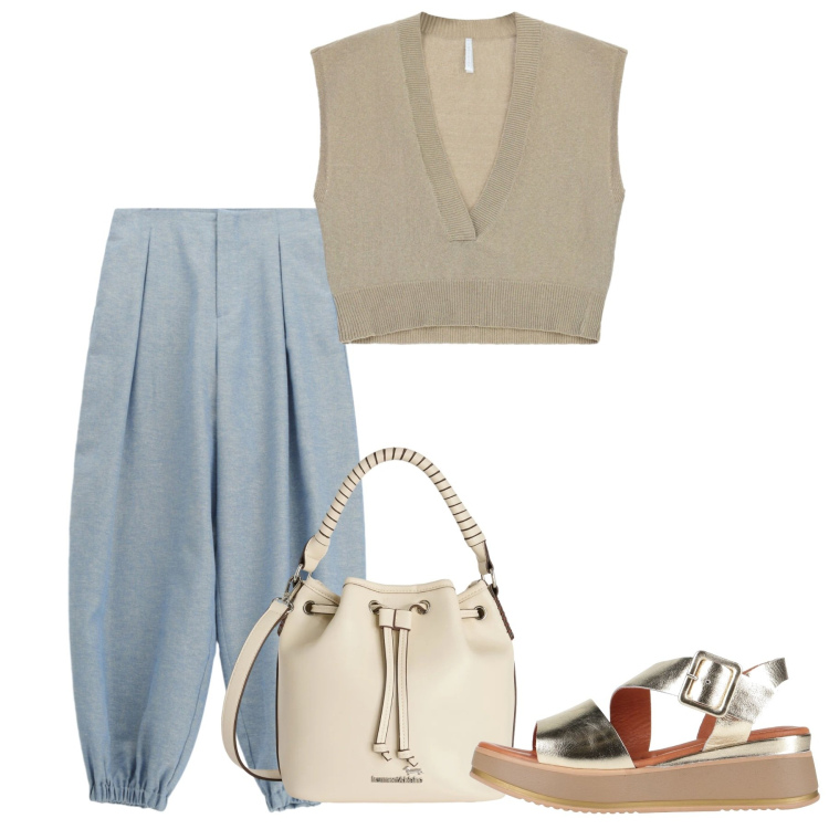 Outfit donna - Maggio. Stile Casual per Tutti i giorni. Abbinamento con sandali in pelle, top, pantaloni, borse a secchiello.