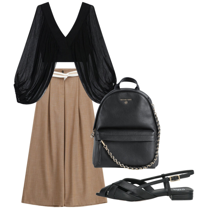 Outfit donna - Serata. Stile Chic per Tutti i giorni. Abbinamento con zaini, sandali in pelle, pantaloni a palazzo, top.