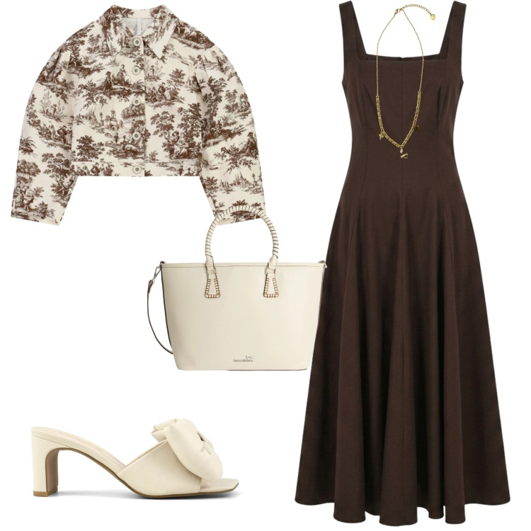 Outfit donna - Casual chic ogni giorno. Stile Casual chic per Tutti i giorni. Abbinamento con shopping bag, cappotti, vestiti midi/longuette, ciondoli, sandali col tacco.