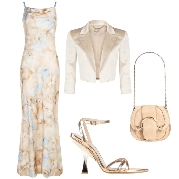 Outfit donna - Abito acquerello. Stile Chic per Cerimonia. Abbinamento con marsupi, sandali in pelle, bolero, vestiti lunghi.