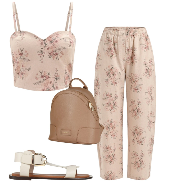 Outfit donna - Romantici fiori. Stile Romantica per Tutti i giorni. Abbinamento con zaini, sandali alla schiava, pantaloni, canottiere.