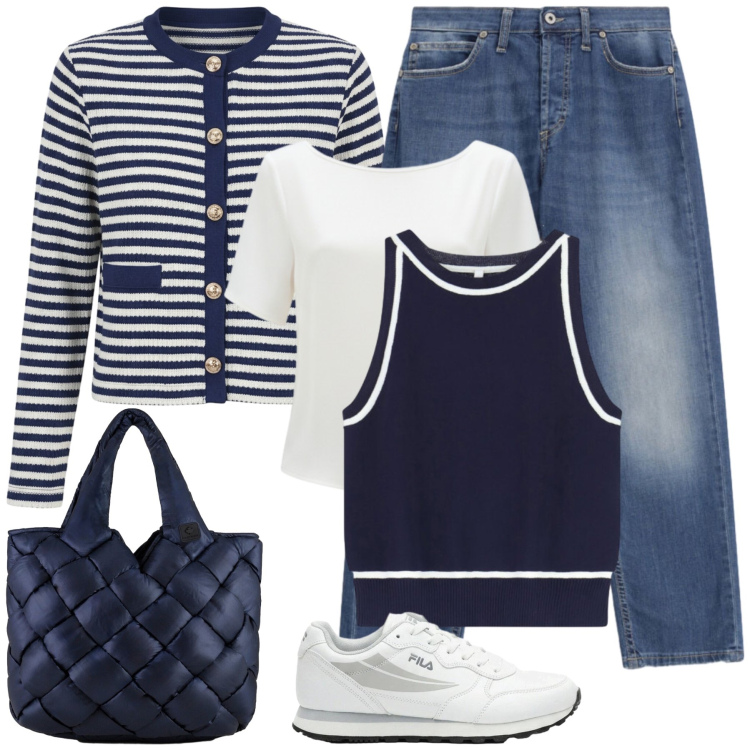 Outfit donna - Blue casual stile. Stile Casual per Tutti i giorni. Abbinamento con sneakers, jeans dritti, top, cardigans, bluse, borse tote.