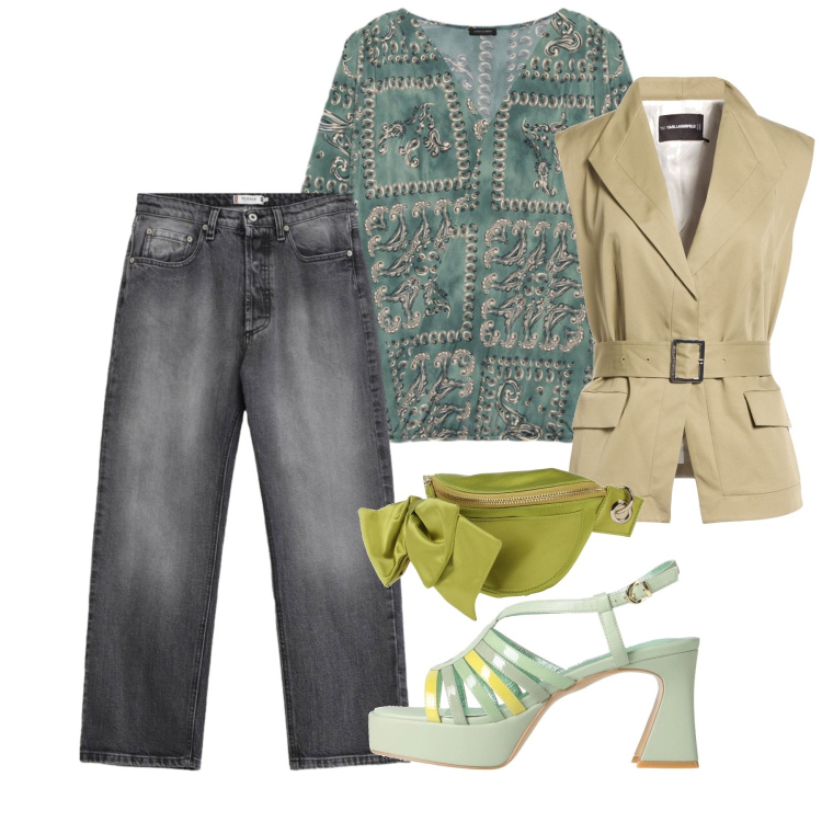 Outfit donna - Green may. Stile Casual chic per Tutti i giorni. Abbinamento con marsupi, cinture, sandali in pelle, jeans, t-shirt.