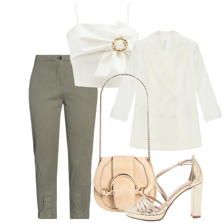 Outfit donna - Cerimonia. Stile Glamour per Cerimonia. Abbinamento con marsupi, jeans slim fit, blazer, sandali col tacco, top.