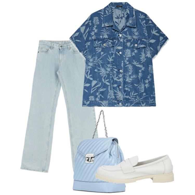 Outfit donna - Maggio. Stile Bon Ton per Tutti i giorni. Abbinamento con zaini, mocassini, jeans dritti, camicie a manica corta.