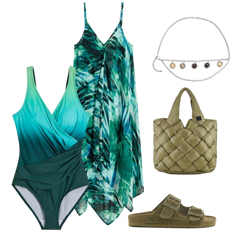 Outfit donna - Plage sauvage. Stile Glamour per Mare. Abbinamento con costumi interi, vestiti da spiaggia, cinture, borse tote, sandali in pelle.