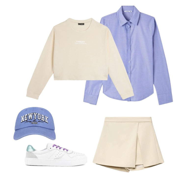 Outfit donna - Sporty chic. Stile Sporty chic per Tutti i giorni. Abbinamento con gonne, cappelli, camicie, felpe, sneakers.