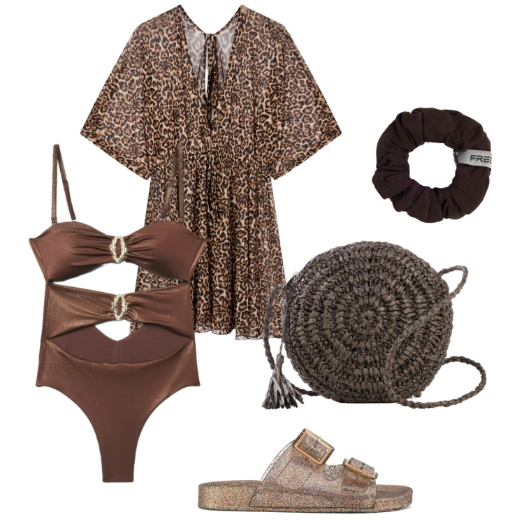 Outfit donna - Glitter e tinte calde. Stile Glamour per Mare. Abbinamento con borse a tracolla, vestiti da spiaggia, costumi interi, accessori per capelli, sandali.