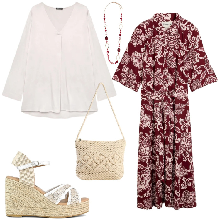 Outfit donna - Casual chic ogni giorno. Stile Casual chic per Tutti i giorni. Abbinamento con borse a tracolla, vestiti chemisier, collane, bluse, zeppe.