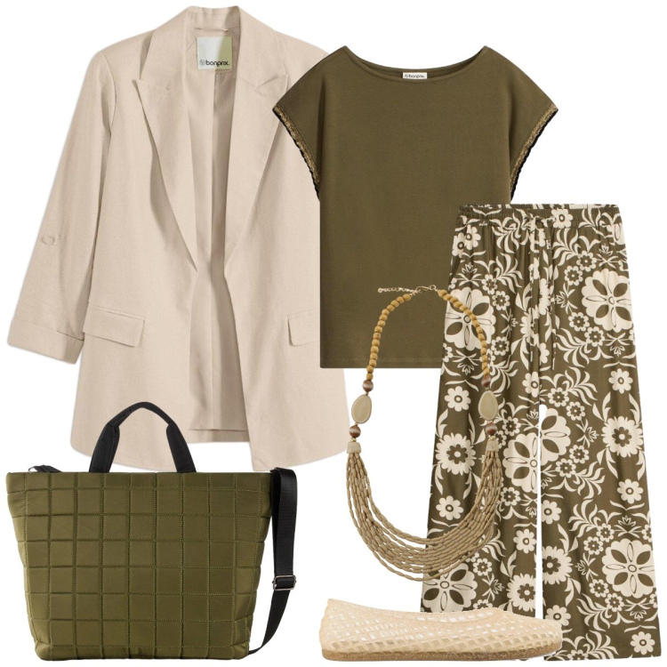 Outfit donna - In città. Stile Etnico per Tutti i giorni. Abbinamento con shopping bag, blazer, pantaloni, t-shirt, collane, ballerine.