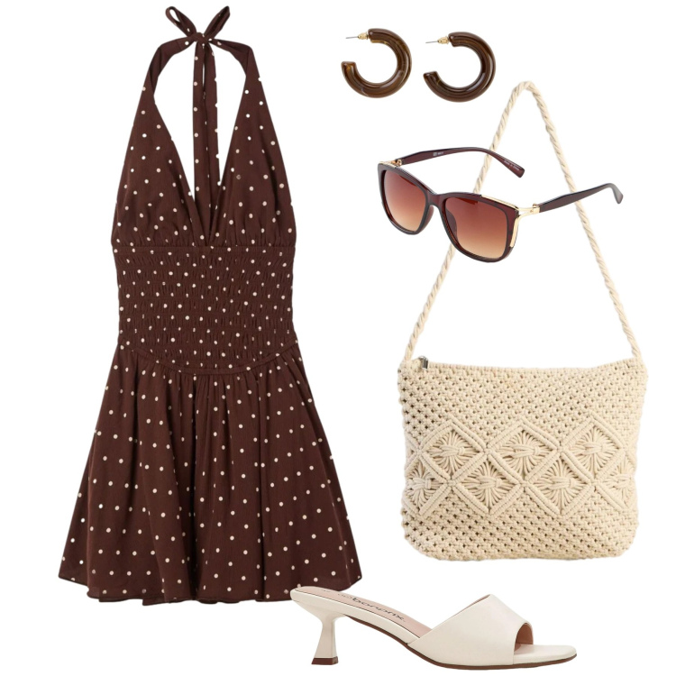 Outfit donna - Estate a pois. Stile Vintage retrò per Mare. Abbinamento con ciabatte, borse a tracolla, orecchini, occhiali da sole, vestiti corti.