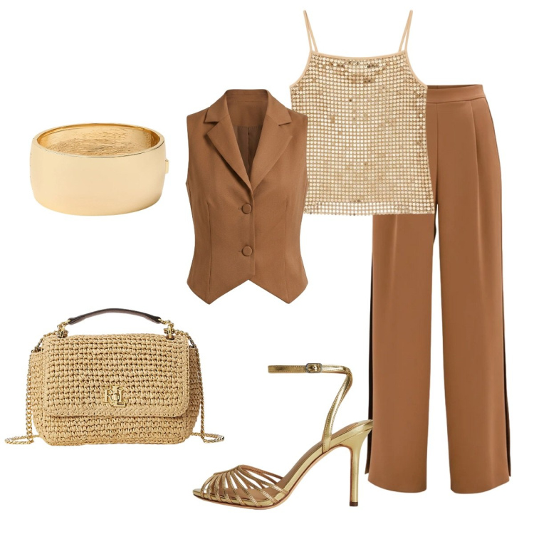 Outfit donna - Contest cerimonia. Stile Chic per Cerimonia. Abbinamento con gilet, pantaloni a palazzo, canottiere, borse a spalla, braccialetti, sandali in pelle.