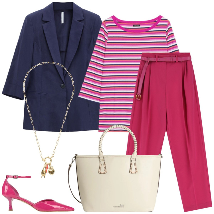 Outfit donna - Righe. Stile Casual chic per Tutti i giorni. Abbinamento con décolleté, pantaloni a palazzo, blazer, shopping bag, ciondoli, t-shirt.