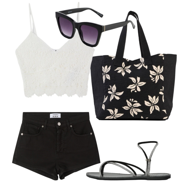 Outfit donna - Total look #2403421. Stile Vintage retrò per Mare. Abbinamento con occhiali da sole, shopping bag, sandali, top, shorts.