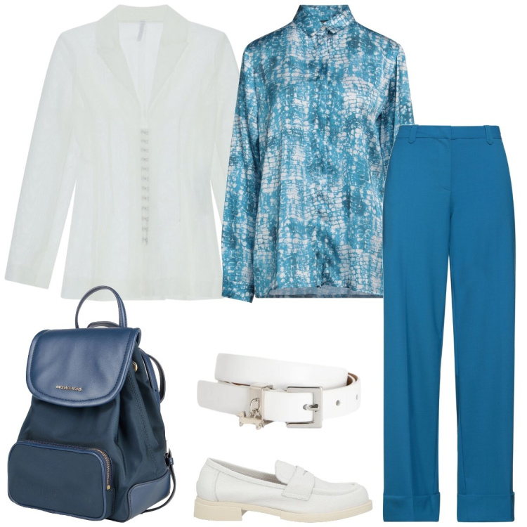 Outfit donna - Tempo libero. Stile Casual chic per Tutti i giorni. Abbinamento con zaini, camicie, pantaloni, mocassini, blazer, cinture.