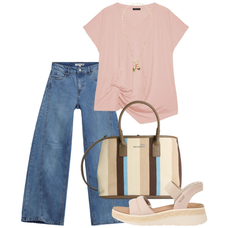 Outfit donna - Maggio. Stile Casual per Tutti i giorni. Abbinamento con sandali, shopping bag, jeans, ciondoli, t-shirt.