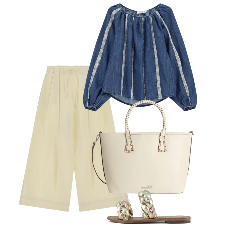 Outfit donna - Maggio. Stile Bon Ton per Tutti i giorni. Abbinamento con shopping bag, pantaloni a palazzo, bluse, ciabatte.